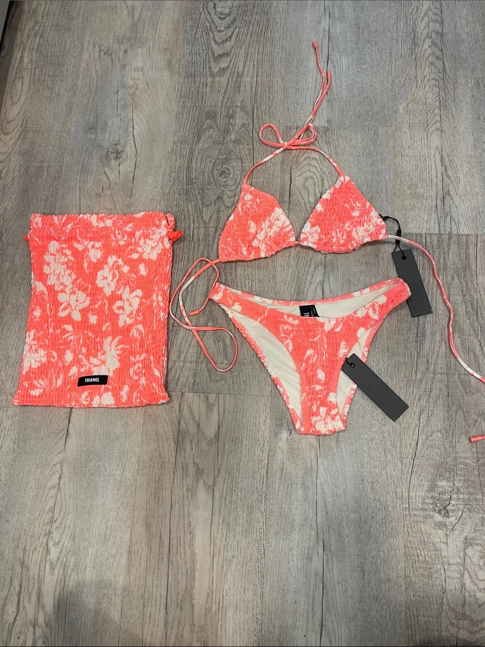 triangl swimwear Coral and White Floral Textured Bikini Set